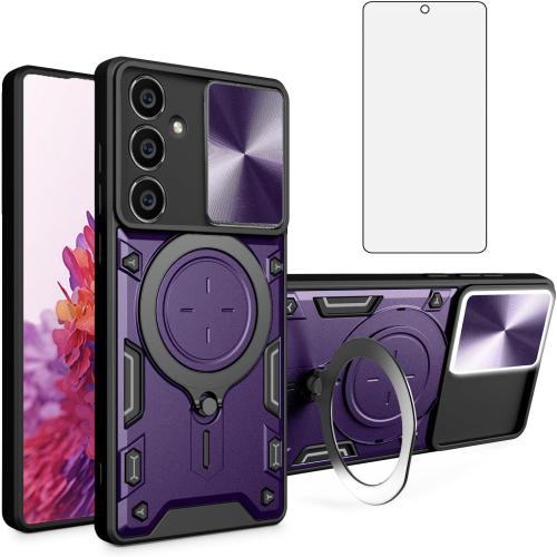 Asuwish Phone Case for Samsung Galaxy S23 FE 5G Slide Camera Magnetic Cover with Tempered Glass Screen Protector and Ring Holder Stand Hybrid Mobile Cell Accessories S 23 EF S23FE 23S Women Purple