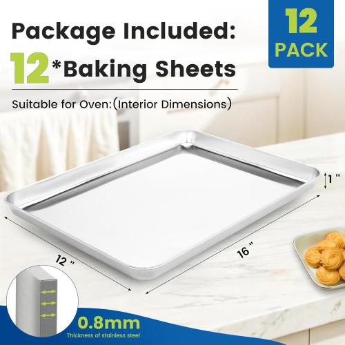 12 Pack Stainless Steel Baking Sheet Pans,  Cookie Sheets for Toaster Oven, Rust-Resistant, Dishwasher Safe