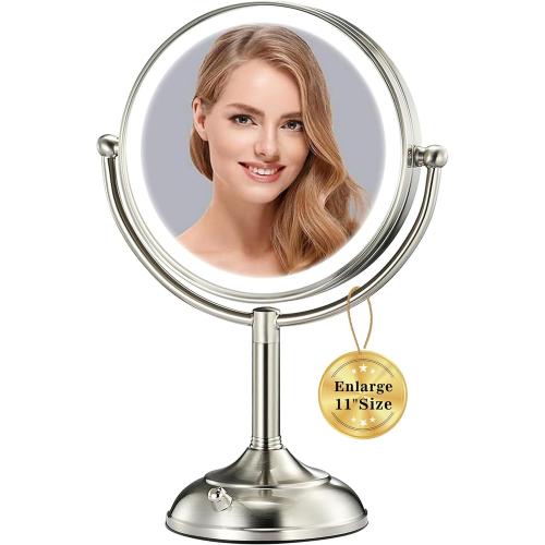 VESAUR 11.8 Extra Large 17 Tall Lighted Makeup Mirror, 1X/5X/10X 3-Sided Magnifying Mirror with 96 LEDs, 3 Color Dimmable Lights, 360° Swivel Dual Power Vanity Mirror, Nickel Finish Luxury Gift Box