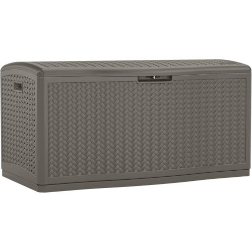 Suncast Extra Large Deck Box - 124 Gallon Resin Outdoor Storage Box with Lockable Lid for Outdoor Cushion Storage, & Garden Gear, Stoney Grey Wicker Bin for Patio, Porch, Pool, & Yard