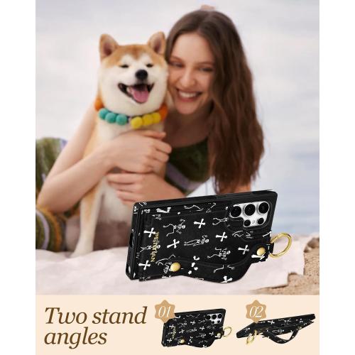 Petitian for Samsung Galaxy S25 Ultra Case with Wallet - Women Girls Cute Girly Aesthetic Unique Design Leather Credit Card Holder Cardholder Stand Wristband for S25 Ultra, Skull