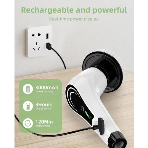 Electric Spin Scrubber with 8 Brush Heads, Extension Handle and 2 Speeds for Beginner, Teens.White-o1.