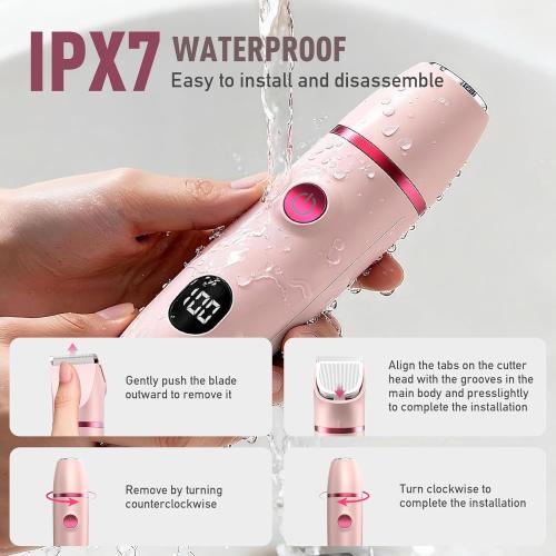 Bikini Trimmer for Women, 3-in-1 Electric Razors for Women, IPX7 Waterproof Rechargeable Cordless Pubic Hair Shaver, with LED Display, for Ladies Bikini Pubic, Face, Underarms, Legs(Pink)