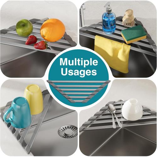 Corner Sink Drying Rack, 16x9.5 Rust-Proof Aluminum Triangular Dish Drainer, Heat Resistant Roll Up Mat for Kitchen Counter, Sponge Holder & Organizer with Non-Slip Silicone Base, Gray