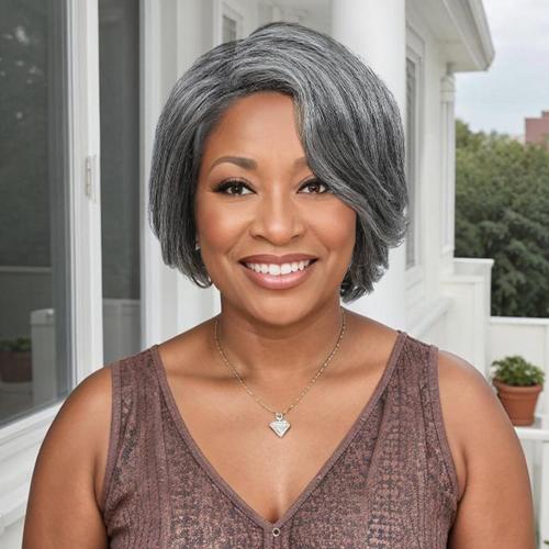 HUA Grey Human Hair Pixie Cut Wigs for Black Women - Mixed 8 Inch Short Salt and Pepper Straight Layered Grey Wigs with Natural Wave