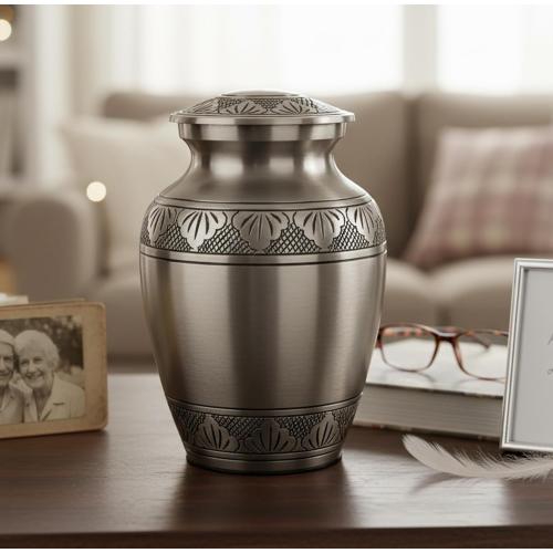eSplanade Brass Cremation Urn Memorial Jar Pot Container | Medium Size Urn for Funeral Ashes Burial | Engraved Metal Urn | Pewter - 6 Inches