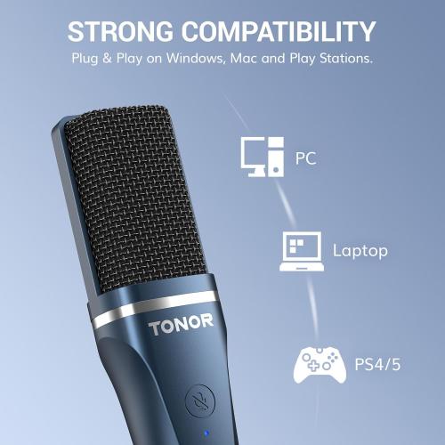 Color Blue TONOR TC-777 Podcast Microphone, USB Computer Microphone, Cardioid Condenser PC Mic with Tripod Stand and Pop Filter for Podcasting, Streaming, Vocal Recording, Compatible with PC & Laptop, PS4/5