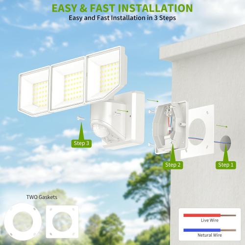 38W 7500LM LED Security Lights Outdoor with Remote Control, 6500K Motion Sensor Flood Light, 3 Modes, IP65 Waterproof, Dusk to Dawn 3-Head Floodlight Fixture for Garage, Yard, Porch (White)