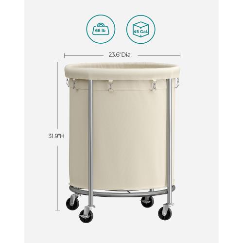 SONGMICS Laundry Basket with Wheels, Rolling Laundry Hamper, 45 Gal., Round Laundry Cart with Steel Frame and Removable Bag, 4 Casters and 2 Brakes, Cream and Silver URLS01MZ