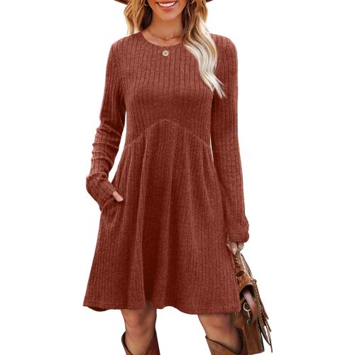 Size M OFEEFAN Long Sleeve Dress for Women Crew Neck Empire Waist Tunic Dress with Pockets