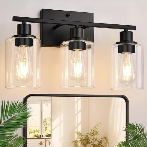 Black 3 Light Bathroom Light Fixtures, Matte Black Modern Vanity Lights with Clear Glass Shade, Bathroom Wall Lamp for Mirror Kitchen Living Room Hallway Cabinet Porch