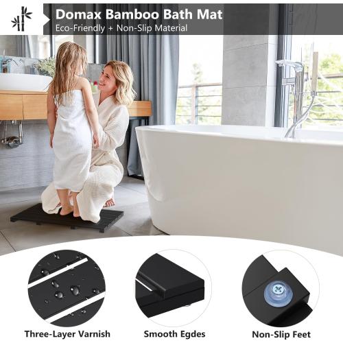 Domax Wooden Bamboo Bath Shower Mat- Non-Slip Waterproof Large Bathroom Floor Mat for Indoor Outdoor (Black, 21.26 x 14.17 x 1.3 Inches)