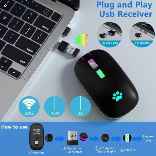 KARFUN Wireless Mouse, Backlit LED Portable Slim Computer Mouses for Laptop, PC, Computer, MacBook, iPad, Chromebook, Notebook, 2.4G Rechargeable Wireless Mouse (Black-Black Nose)