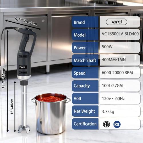 VONCI 500W Commercial Immersion Blender, 16 SUS 304 Removable Shaft, Heavy Duty Power Hand Mixer with Variable Speed 6000-20000RPM, Professional Electric Stick Blender for Restaurant Kitchen Use.