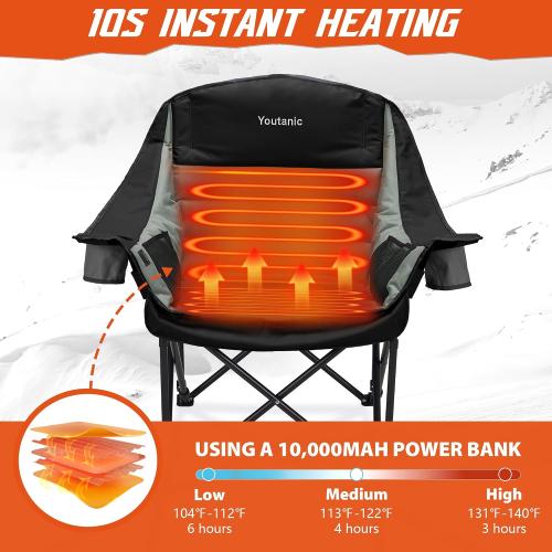 Youtanic Oversized Extra Large Heated Padded Camping Chair up to 500lbs, 3 Heat Levels Camp Chair with Carry Bag, Outdoor Heating Folding Chairs for Adults, Fishing, Sports, Picnic, Black-Gray