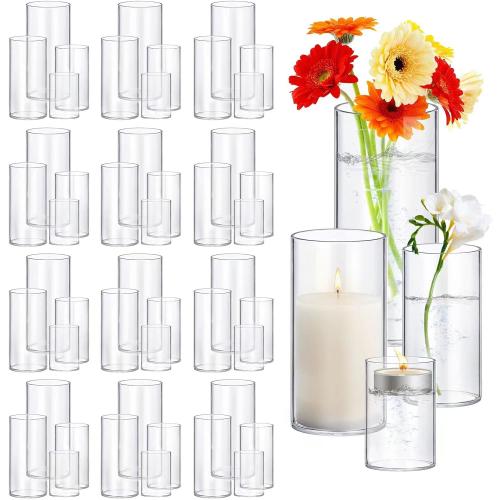 48 Pack Thick Glass Cylinder Vases 4,6,9,12 Inch Tall Clear Flower Vase Hurricane Floating Candle Holder for Table Centerpiece Wedding Home Decor