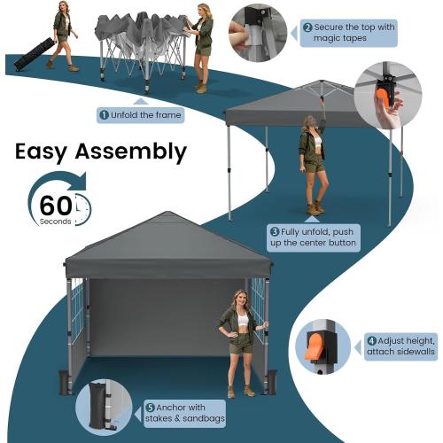 Raynesys Pop Up Canopy Tent with Sidewalls, 10x10ft 10 Person Party Tent One Push Setup, Portable Gazebo Outdoor Sun Shade for Events, Parties, Camping, Commercial, Silver Coated Top, Gray