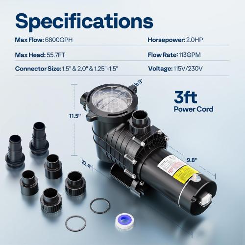 VIVOHOME 2.0HP Pool Pump - 115V/230V Self-Priming Motor - In-Ground/Above Ground - 6800GPH Energy Efficient - 1.5, 2, and 1.25-1.5 Connectors w/Strainer Basket