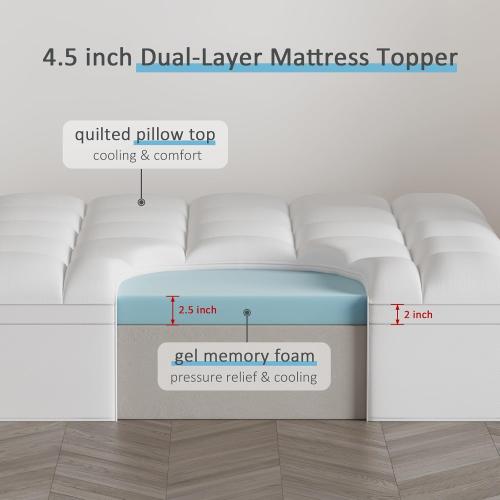 Dual Layer 4.5 Inch Memory Foam Mattress Topper Queen, 2.5 Inch Cooling Memory Foam, 2 Inch Thick Pillow Top Mattress Pad Cover for Hard Bed, Soft Fluffy & Pressure Relief & Medium Support
