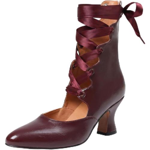 SaraIris Women's 6.5 Dark Red And Black Mary Janes Kitten Heel Round Toe Ankle Strap Lace Up Shoes