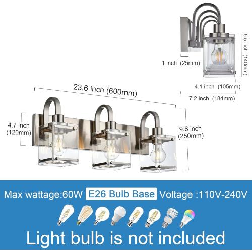 3-Light Bathroom Vanity Light Fixtures, Modern Vanity Lights with Clear Glass Shade Wall Light Brushed Nickel Wall Sconce Lighting for Living Room, Bedroom Kitchen Farmhouse