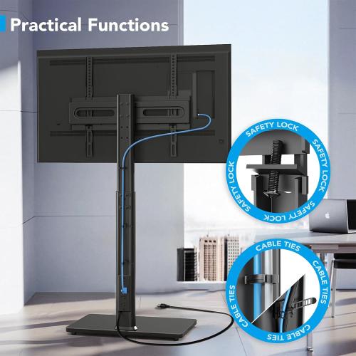 AX WABER Floor TV Stand with Power Outlet, Universal TV Stand Mount for 27-65 inch TV up to 88lbs, 70 Degree Swivel 9 Level Height Adjustable with Tempered Glass Base for Bedroom, Office Black