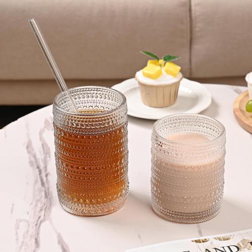 ZMOWIPDL Vintage Glassware Drinking Glasses Set of 12,Clear 12oz & 15oz Hobnail Glass Cups,Embossed Water Tumbler,for Beer,Cocktail,Whiskey,Juice and Various Mixed Drinks- 1 Cleaning Brush