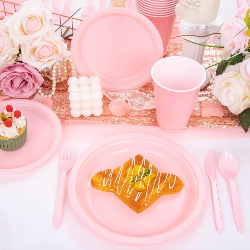 Set of 210 Color Pink WELLIFE 210 Pieces Pink Party Supplies, Disposable Dinnerware Set, Including Pink Plastic Plates, 16OZ Cups, Plastic Cutlery and Napkins Serve 30 Guests for Party