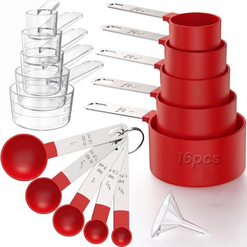 16PCS Measuring Cups and Spoons Set, Measuring Spoon Set with Metric and US Measurements, Fits for Measuring Dry and Liquid (Red)
