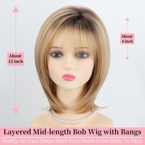 RENERSHOW Medium Length Bob Wigs for White Women Layered Blonde Highlight Straight Pixie Bob Wig with Bangs Heat Synthetic Natural Daily Party Wig 12inch Average Size Wig