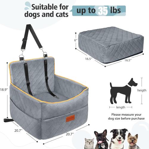 HEGGCOOE Dog Car Seat for Small Medium Dogs, Memory Foam Puppy Dog Booster Seat with Thick Cushion for Dogs Under 35lbs, Detachable Washable Pet Car Seat Travel Bed with Storage Pockets,2 Safety Belts