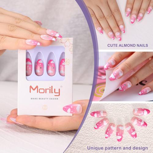 morily 24pcs Press on Nails Medium Length Almond Fake Nails Kit Long Ombre Pink Acrylic False Nails with White Cloud Design Crystal Artificial Glossy Stick on Nails Finger Manicure for Women