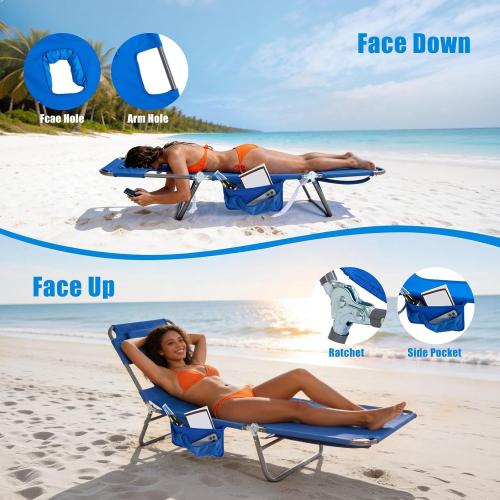 SUNNYFEEL Lay Flat Tanning Chair with Face Down Hole & Arm Slots, Backpack Beach Lounge Chair, 5-Position Folding Sunbathing Chair, 300 LBS Heavy Duty, 72 L x 22 W for Beach, Pool, Camping
