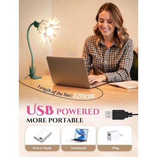 ONXE Clip On Light and Flower Desk Lamp, Flexible Gooseneck Reading Book Light with 3 Color Modes Cute Table Lamp Decor, Clip on Bedside Lamp for Bed Headboard,Table, Nursery,Dorm (Green-02)