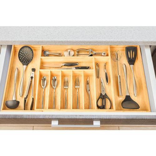 Umilife Extra Large Expandable Kitchen Siverware Utensils Drawer Organizer, 19 Deep for Big Drawer, Adjustable Bamboo Wood Drawer Divider with Curved Grooves, Cutlery Tray Flatware Holder