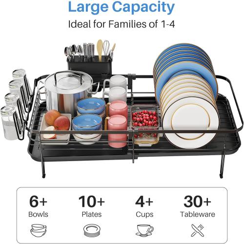 SNTD Large Dish Drying Rack - Expandable Dish Rack for Kitchen Counter, Stainless Steel Dish Drainer Rack with Utensil Holder and Cup Holder, Black