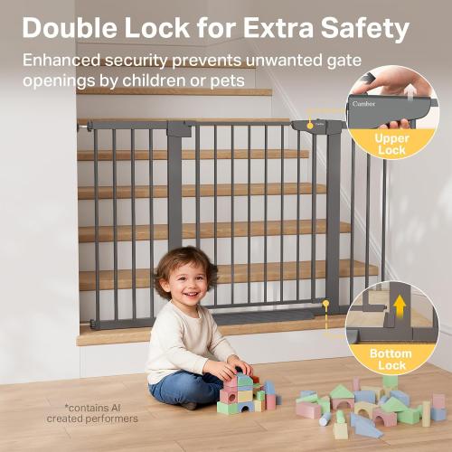 Cumbor 30-51.5 in Extra Wide Baby Gate for Stairs, Dog Gate, Cool Gray | Mom's Choice Awards Winner, Auto Close with Double Lock for Doorways, Child Gate for Toddlers & Pets, Pressure Mounted
