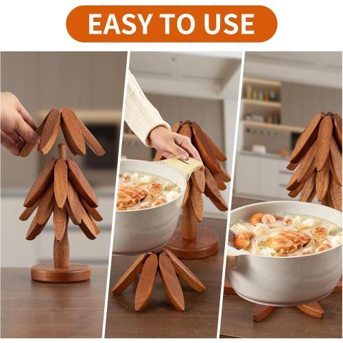 Wooden Trivets for Hot Dishes, Hot Dish Coaster with Tree-Shaped Wood Collapsible Hot Pad Trivet Tree for Restaurant, 4 Wooden Trivet   1 Stand（Walnut Wood）