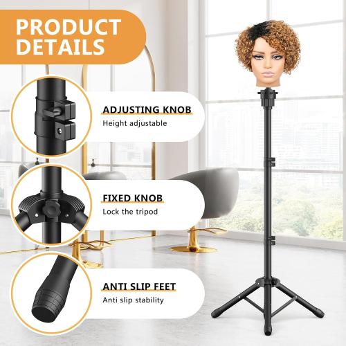 Wig Head Stand 50 Inches, Height Adjustable Tripod Wig Stand, Salon Mannequin Head Stand with Anti-Slip Base for Styling, Wig Display Barber Training, Beauty School​ (Black)