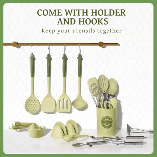 Kikcoin 43Pcs Kitchen Utensils Set - Silicone Cooking Utensil Set, Dishwasher Safe Spatula for Non-stick Cookware, 446°F Heat Resistant Kitchen Gadgets with Holder BPA Free, Avocado Green