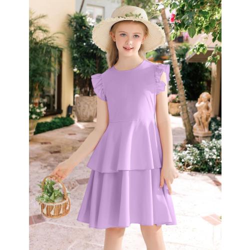 Size 150 6-14 Years Girls' Dresses Ruffle Sleeve Solid Semi Formal Tiered Swing Midi Casual Summer Dress