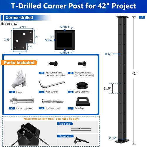 2Pack 42 T304 Stainless Steel T-Drilled Corner Post Cable Railing Black(Post 41x2x2), 3-Sides Flat Top One-Post Corner Solution, 90° Drilled Post with Cable Grommets for Corner Railing