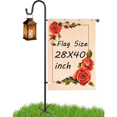LOPANNY Large Garden Flag Holder Stand Pole for 28 x 40 Flags with Shepherds Hooks for Outdoor - Upgraded Sturdy 60 Inches Yard Flag Post Stake Perfect for Outdoor Decor(without Solar Lights & Flag)