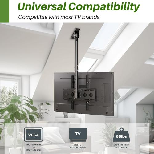Size 24-65 Ceiling TV Mount Flip Down, Heavy Duty Hanging TV Mount Fits Most 24-65 inch LED, LCD, OLED, Plasma Flat Screen TVs - Adjustable Height 360° Rotation Tilting Swiveling Outdoor Gazebo tv Mount