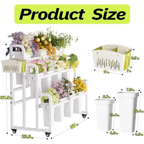 Flower Display Stand with 11 Buckets, Moving Florist Bouquet Shelf, Upgrade 360° Swivel Wheels and Brake, Flower Cart 3 Layers for Indoor, Outdoor Patio Garden, Living Room, Florist (White)