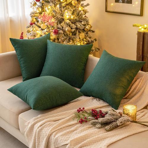 MIULEE Pack of 4 Decorative Christmas Solid Waterproof Throw Pillow Covers Linen Garden Farmhouse Cushion Cases for Outdoor Patio Tent Balcony Couch Sofa 16x16 inch Dark Green