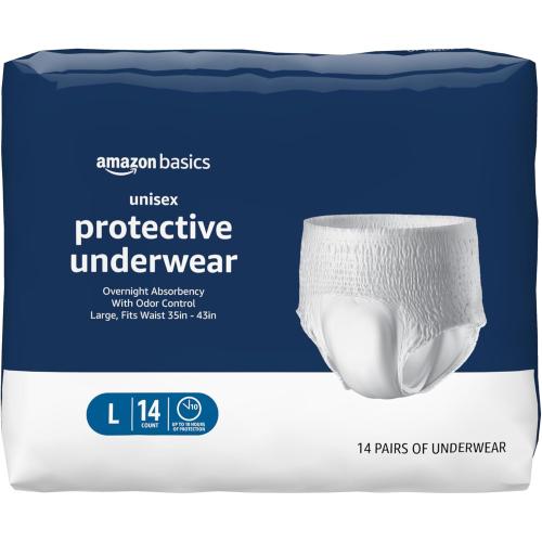 Amazon Basics Unisex Protective Underwear, Overnight Absorbency, Large, 14 Count, (1 Pack of 14)