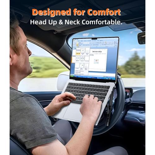 Car Laptop Mount Steering Wheel Tray Holder, Height Adjustable Car Desk for Laptop Computer Tablet, Foldable Portable Lap Laptop Stand for Car Vehicle Workstation Accessories Truck SUV Tesla