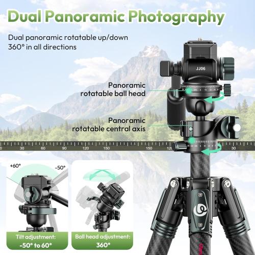 Black ULANZI JJ06 73.6 Carbon Fiber Video Tripod, Horizontal Tripod w Central Column,Handle and UKA Quick Release Plate for Cameras/DSLR/Camcorder, Dual 360° Pan Head, Weight 3.88 lbs, Maxload 39.7 lbs