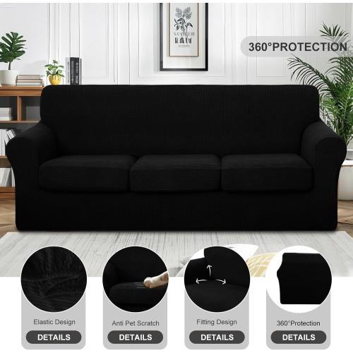 4 Pieces Stretch Couch Cover for 3 Cushion Furniture Protector Sofa Covers Washable Pet Dog Friendly Non Slip Cover with Elastic Bottom(72-92 Sofa 3 Cushion/Black)